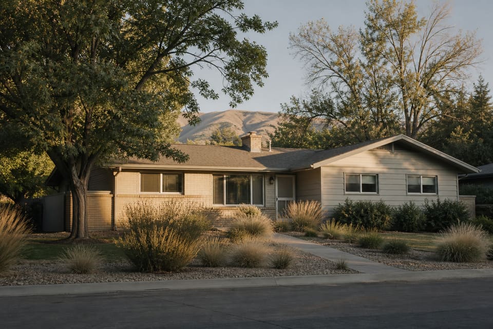 Modest established single-story house with a tidy yard in late-afternoon light. Illustrative property.